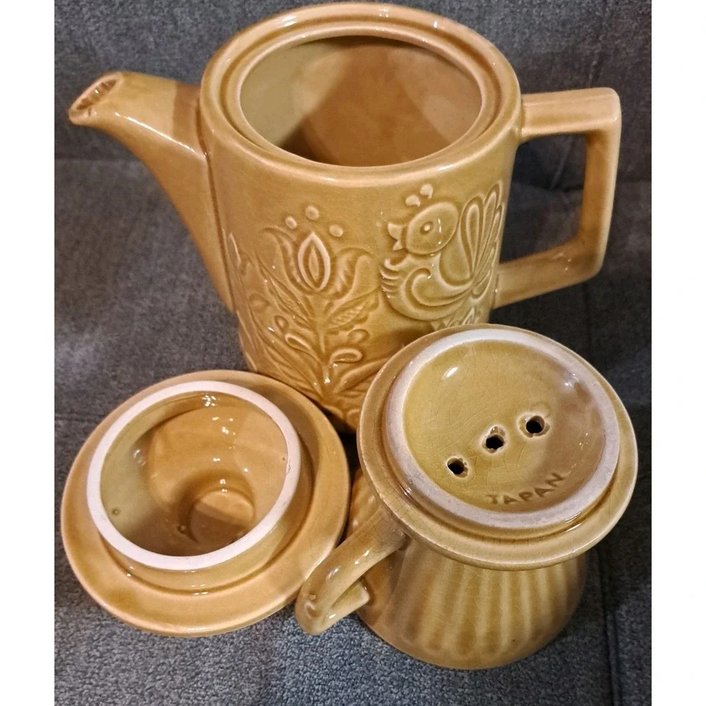 Vtg Yellow Hand Painted Ceramic‎ Tulip Pourover Teapot Made in Japan Farmhouse